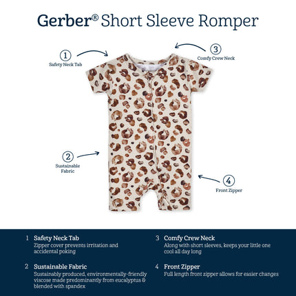 Gerber Unisex Baby Buttery Soft Short Sleeve Romper with Viscose Made from Eucalyptus, Spotted Leopard, 12 Months