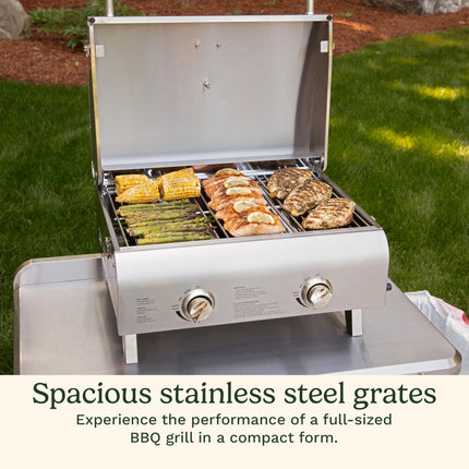 Parrilla de gas propano portátil de mesa Cuisinart Chef's Style con quemadores dobles (20,000 BTU en total), parrilla pequeña de acero inoxidable para acampar, portones traseros y barbacoas (CGG-306C)