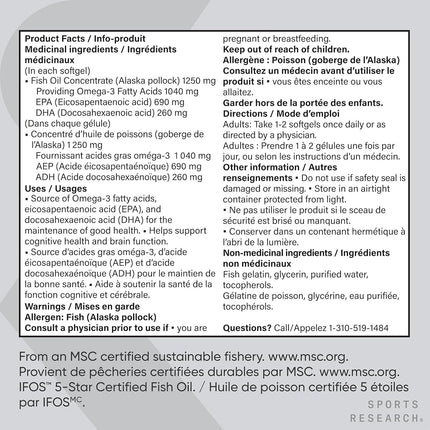 Sports Research Omega-3 Aceite de Pescado Triple Concentración Forma Triglicérido 1250 mg 180 Cápsulas Blandas