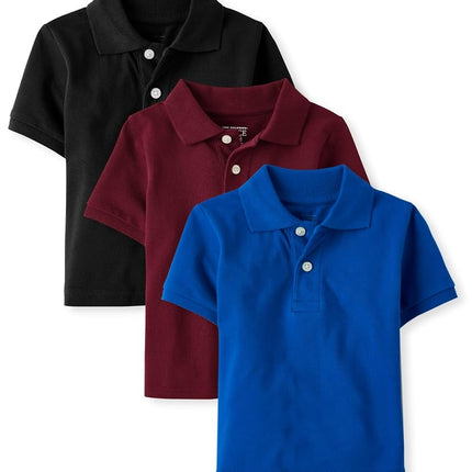 The Children's Place Baby Boys' and Toddler Multipack Short Sleeve Pique Polos, Redwood/Renew Blue/Black 3-Pack, 9-12 Months
