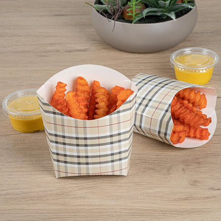 Bio Tek 4.5 x 3.2 x 3.9 Inch French Fry Cup, 100 Disposable Snack Cups - Stackable, Sustainable, Plaid Paper 3 Ounce Fry Holder, for Fries, Onion Rings, Popcorn, or Cookies - Restaurantware