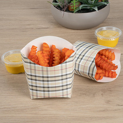 Bio Tek 4.5 x 3.2 x 3.9 Inch French Fry Cup, 100 Disposable Snack Cups - Stackable, Sustainable, Plaid Paper 3 Ounce Fry Holder, for Fries, Onion Rings, Popcorn, or Cookies - Restaurantware