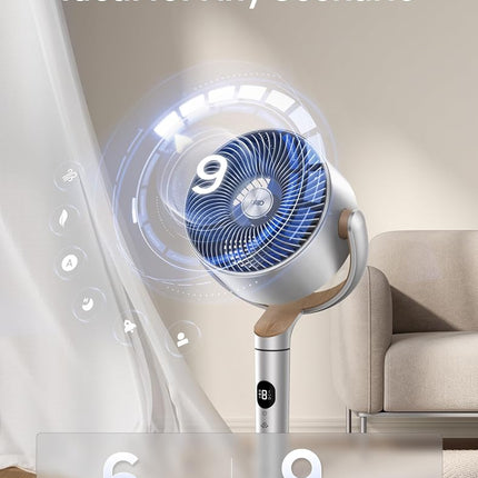 DREO Smart Fans for Bedroom, 120° +120° Omni-Directional Oscillating Fan, 90ft Quiet Pedestal Fan with RGB Light, 9 Speeds, 6 Modes, 20dB, 8H Timer, Wi-Fi/Voice, 37-42" Floor Fans with Remote, Silver