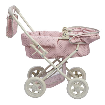 Olivia's Little World Buggy-Style Baby Doll Pram with Retractable Canopy, Storage Underneath, Detachable Bassinet, Travel Nursery Bag, Comfortable to Push, Pink and Grey