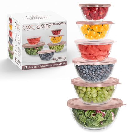 Ensemble de 12 bols mélangeurs en verre Cook with Color avec couvercles – Bols gigognes en verre borosilicate pour la cuisine, la pâtisserie et la préparation des repas, rose