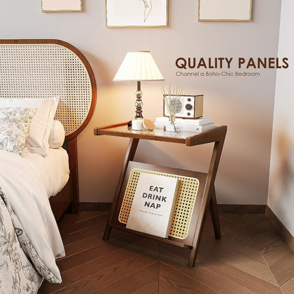 Bamworld Rattan Side Table Boho NightStand Mid Century Modern End Table Glass Bedside Table Small End Tables Bamboo Coffee Table with Storage Record Player Stand for Living Room Bedroom