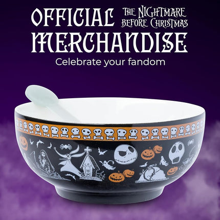 Silver Buffalo Disney Tim Burton's Nightmare Before Christmas Featuring Jack Skellington, Oogie Boogie, Sally, Dr. Finkelstein, Lock, Barrel, and Zero Ceramic Bowl with Color Changing Spoon, 28 Ounces
