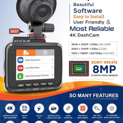 Rove R2-4K Dash Cam Built in WiFi GPS Car Dashboard Camera Recorder with UHD 2160P, 2.4" LCD, 150° Wide Angle, WDR, Night Vision