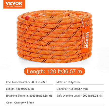 VEVOR Double Braided Polyester Rope, 1/2 Inch x 120 Feet 48 Strands 3600 kg Breaking Strength Outdoor Climbing Rope Tree Care Rope for Rock Hiking, Camping, Swing, Rappelling, Rescue