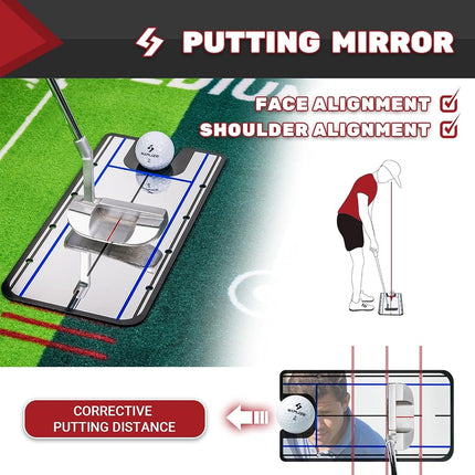 SAPLIZE Two-Speed Golf Putting Practice Mat with Putting Alignment Mirror, 20 in X 10 ft Putting Training Aid Mat, Anti-Slip Backing Golf Putting Green for Indoor/Outdoor