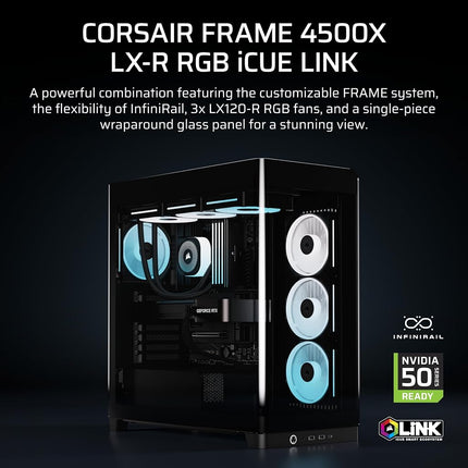 CORSAIR FRAME 4500X LX-R RGB LINK Panoramic Glass Mid-Tower PC Case – InfiniRail Mounting System, Fits Dual 360mm Radiators, GPU Anti-Sag, 3x LX120R RGB LINK Fans Included – Black