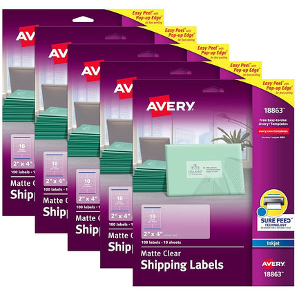 Etiquetas de envío transparentes mate Avery, tecnología Sure Feed, para impresoras de inyección de tinta, 50.8 x 101.6 mm, 100 etiquetas, 5 paquetes (18863)
