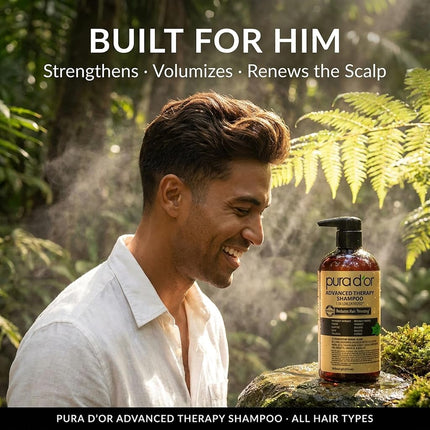 PURA D'OR 16 Oz Advanced Therapy Shampoo Reduces Hair Thinning & Increases Volume, No Sulfate, Biotin Shampoo Infused with Argan Oil, Aloe Vera for All Hair Types, Men & Women
