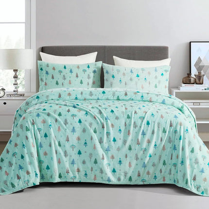 Elegant Comfort Luxuriously Soft 4-Piece Holiday Velvet Plush Flannel Sheet Set - Premium Quality - Cozy Warm, Christmas Fuzzy Velvet Flannel Fleece Deep Pocket Sheet Set - Cal King, Mint Pine Trees