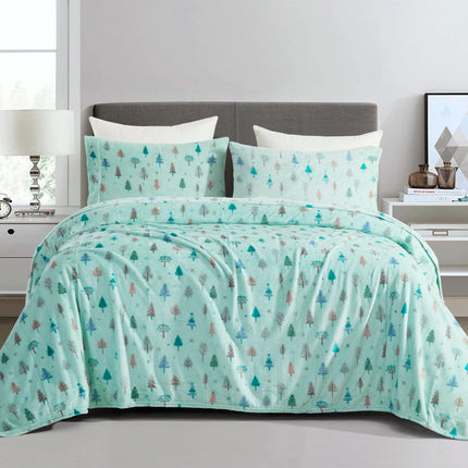 Elegant Comfort Luxuriously Soft 4-Piece Holiday Velvet Plush Flannel Sheet Set - Premium Quality - Cozy Warm, Christmas Fuzzy Velvet Flannel Fleece Deep Pocket Sheet Set - Twin XL, Mint Pine Trees