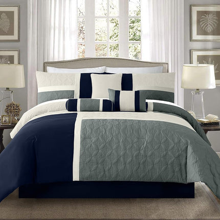 Chezmoi Collection 7-Piece Quilted Patchwork Set, Polyester, Navy/Blue/Grey, Queen