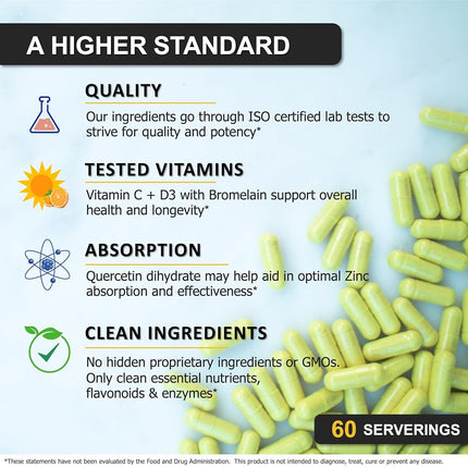 Zinc Quercetin 500mg with Vitamin C Vitamin D3 Bromelain Immune Support High Potency Anti Inflammatory Quercetin Zinc Supplement Immunity Booster ZQV Immune Complex (120-Ct)