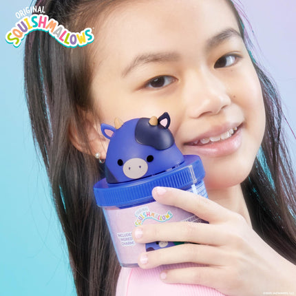 Original Squishmallows Ingrid The Cow Premium Cloud Slime, Blueberry-Scented, 8 oz., Storage Container with Figurine Topper, Rubber Charm, Goodie Bags Stuffers, Kids Party Favors, Sensory Toys