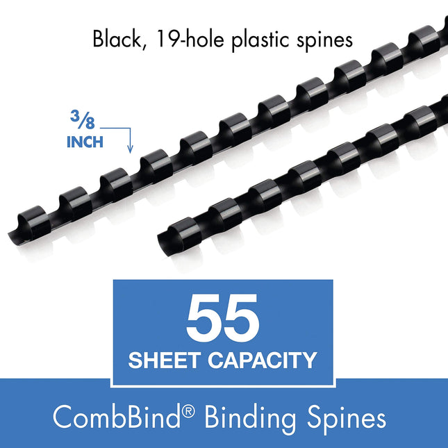 Mead CombBind Binding Spines/Spirals/Coils/Combs, 3/8", 55 Sheet Capacity, Black, 125 Pack (4000132)