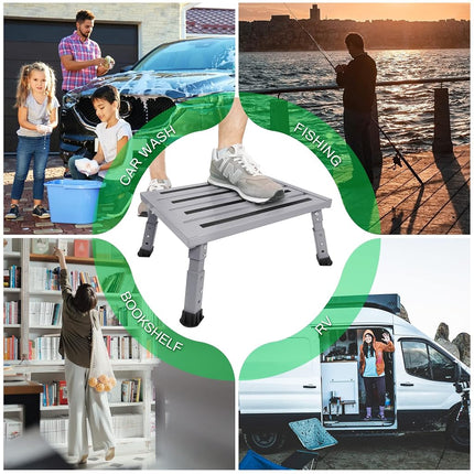 DEPSUNNY Adjustable Height Aluminum RV Step, Stable Foldable Platform Step Stool, Supports Up to 1,000 lb, Non-Slip Rubber Feet and Platform Mat, Easy to Carry (Silver)