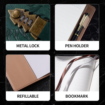 Lockable Journal with Pen, A5 240 Pages Lock Diary, Vintage Edge, Refillable, Inner Pocket, Leather Hardcover (8.5 × 5.9inch) Dark Green