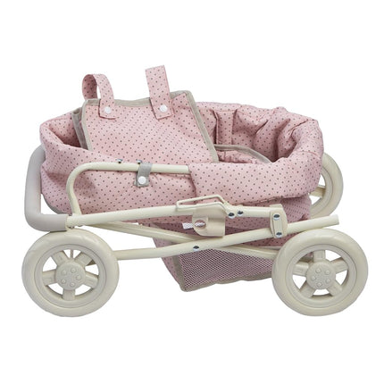 Olivia's Little World Buggy-Style Baby Doll Pram with Retractable Canopy, Storage Underneath, Detachable Bassinet, Travel Nursery Bag, Comfortable to Push, Pink and Grey