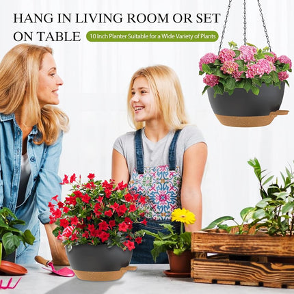 SQKH 10 Inch Hanging Baskets 2 PC with Chains, Self-Watering Hanging Planters for Indoor Outdoor Plants, Plastic Hanging Flower Pots,Black Brown