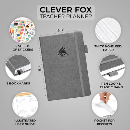 Clever Fox Teacher Planner – School Year Planner with Calendars & Lesson Plans – Teacher Plan Book for Classroom & Homeschool Organization - Undated, A5 Size, Hardcover (Grey)