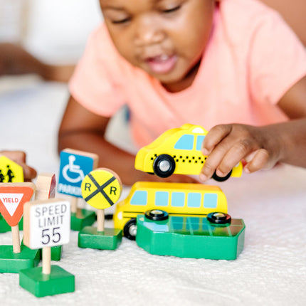 Melissa & Doug 3177 599038323477 Vehículos de madera y tráfico 6 coches y 9 señales, multicolor, 1 unidad