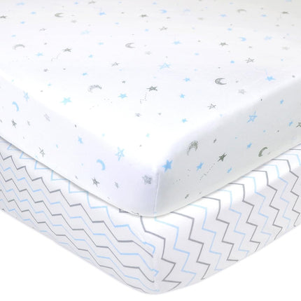 American Baby Company 2 Pack Printed 100% Cotton Jersey Knit Fitted Crib Sheet for Standard Crib and Toddler Mattresses, Blue Star/Blue Zigzag, for Boys and Girls