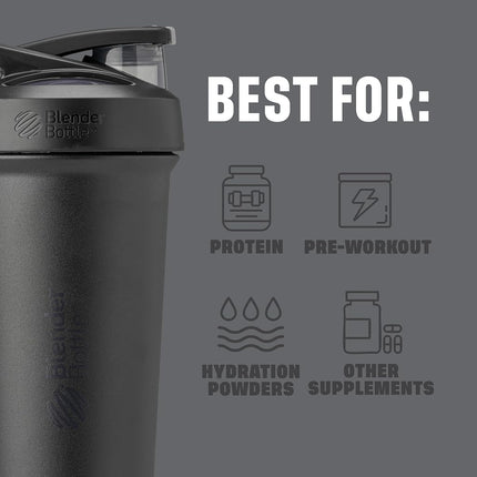 BlenderBottle Strada Sleek Shaker Cup Insulated Stainless Steel Water Bottle with Wire Whisk, 25-Ounce, Black