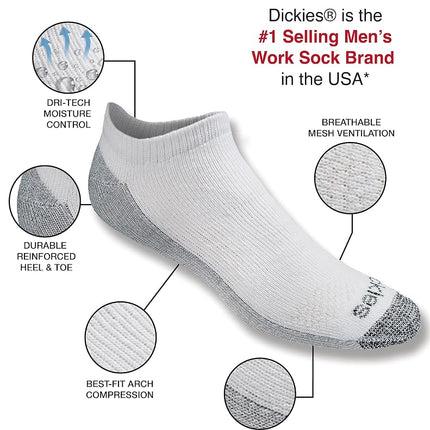 Dickies Men's Dri-Tech Moisture Control 6 Pairs No Show Socks, White, Shoe Size: 5-6