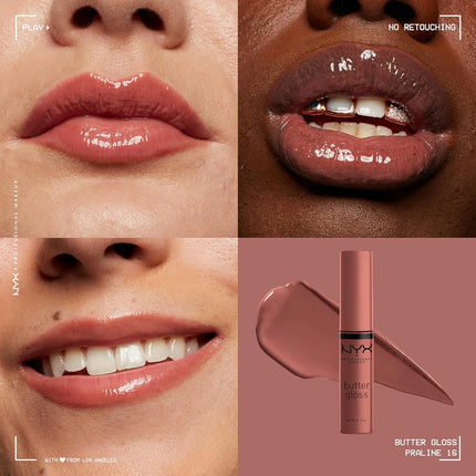 NYX Professional Makeup Butter Gloss, Silky smooth non-sticky formula lip gloss, Praline (Deep Nude), 8mL