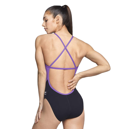 Maillot de Bain Femme 1 Pièce Speedo Endurance+ Dos Croisé Uni Couleurs Équipe - Noir Scintillant/Violet, Taille 22