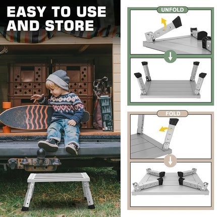 DEPSUNNY Adjustable Height Aluminum RV Step, Stable Foldable Platform Step Stool, Supports Up to 1,000 lb, Non-Slip Rubber Feet and Platform Mat, Easy to Carry (Silver)