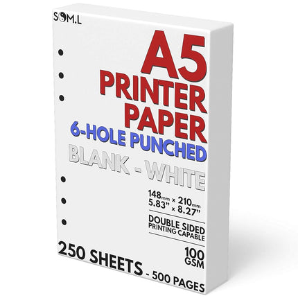 A5 Blank Paper - 250 Sheets - 6 Hole Punched for F