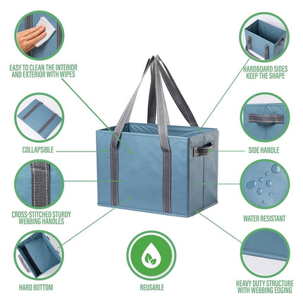 VENO 2 Pack Reusable Grocery Bags, Shopping Bags for groceries, Extra Large Utility Tote with Handles and Hard Bottom, Foldable Cart Organizer, Multi-Purpose, Heavy-Duty (Light Blue, 2 Pack)