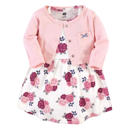 Hudson Baby Baby Girls' Cotton Dress and Cardigan Set, Blush Floral, 6-9 Months