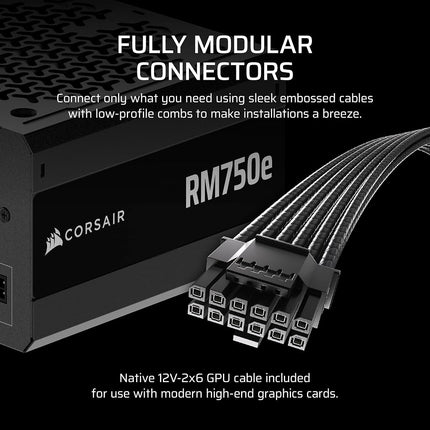 Corsair RM750e (2025) Fully Modular ATX Power Supply with 12V-2x6 Cable, Compatible with ATX 3.1 and PCIe 5.1, Cybenetics Gold, Capacitors @ 105°C, Black