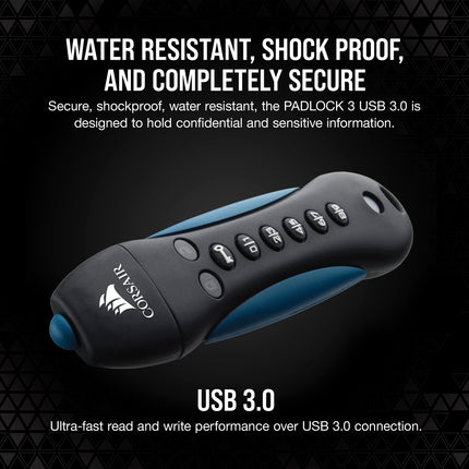 Corsair Flash Padlock 3, unidad flash USB 3.0 segura de 256 GB con teclado (cifrado AES de 256 bits, estándares de seguridad FIPS 197, carcasa de goma resistente, teclado PIN incorporado) negro/azul