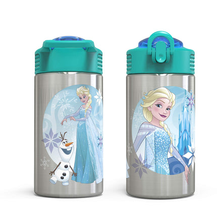 Zak Designs Frozen 15.5oz Stainless Steel Kids Water Bottle with Flip-up Straw Spout - BPA Free Durable Design, Frozen Girl SS
