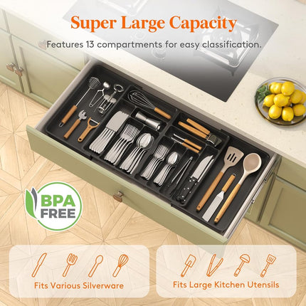 Lifewit Extra Large Cutlery Drawer Organsier, Extendable Tray, 13 Sections