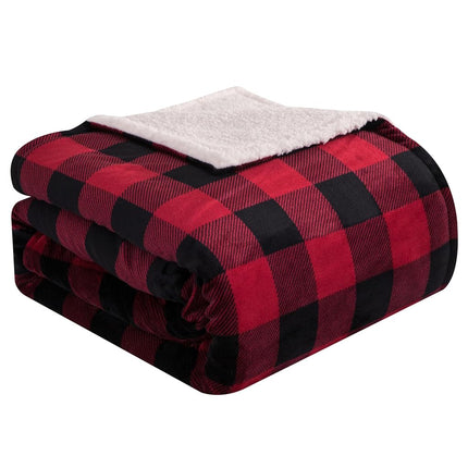 Elegant Comfort Ultra Soft Reversible Buffalo Plaid Flannel Sherpa Blanket - Cozy Silky Checkered Fleece Throw for Couch, Bed - Plush Fuzzy Warm Winter Blanket for Gift, Twin XL, Burgundy
