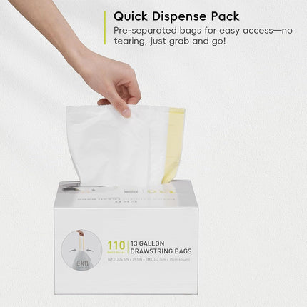 EKO 13 Gallon / 40-60 Liter Drawstring Trash Bags, Extra-Strong Unscented Garbage Bags, 60 Count Easy-Dispense Roll for Kitchen & Household Use, Leak-Resistant, Code F, White