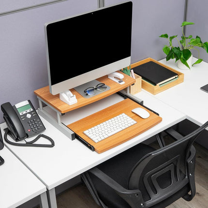 Mind Reader Monitor Stand, Sliding Keyboard Drawer, Laptop, Riser, Office, Wood/Metal, 20" L x 14.75" W x 5.9" H, Brown, Silver