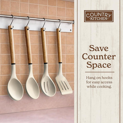 Country Kitchen Non Stick Silicone Utensil Set with Rounded Wood Handles for Cooking and Baking, 8 Piece Set, Khaki