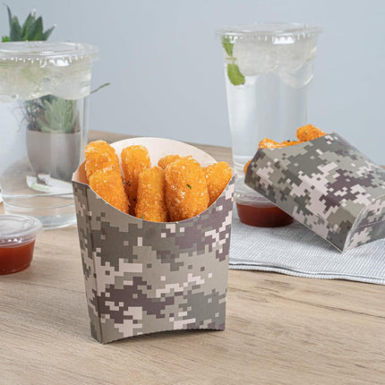 Bio Tek 4.5 x 3.2 x 3.9 Inch French Fry Cup, 100 Disposable Snack Cups - Stackable, Sustainable, Camouflage Paper 3 Ounce Fry Holder, for Fries, Onion Rings, Popcorn, or Cookies - Restaurantware