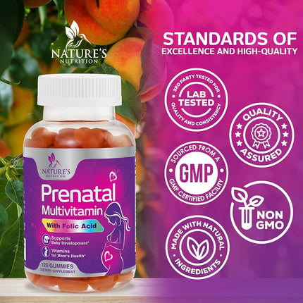 Folic Acid Prenatal Gummy for Women - Prenatal Vitamin Gummies With Folate - Pregnancy Support Supplement with Vitamins C, D3, B6, B12 & Omega 3 Prenatal Multivitamin, Non-GMO - 120 Gummies