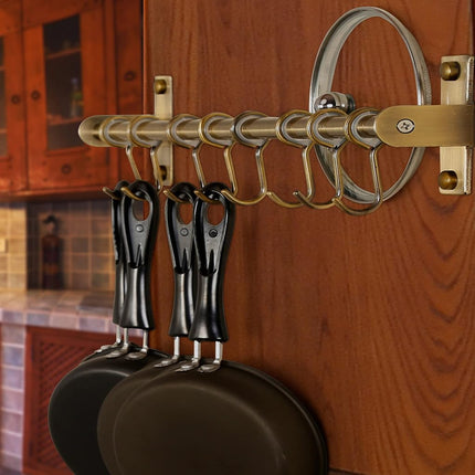 Dseap Kitchen Hooks for Hanging Utensils, Hanging Pot Rack, Kitchen Utensil Hanger Rail with 8 Hooks for Pots Pans, Spoons, Mugs, Wall Mounted, Stainless Steel, Bronze, Pack of 2