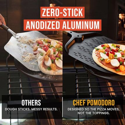 Chef Pomodoro Black Perforated Metal Pizza Peel 12-inch with Foldable Wood Handle for Easy Storage and 8-inch Aluminum Turning Pizza Peel with Detachable Wood Handle